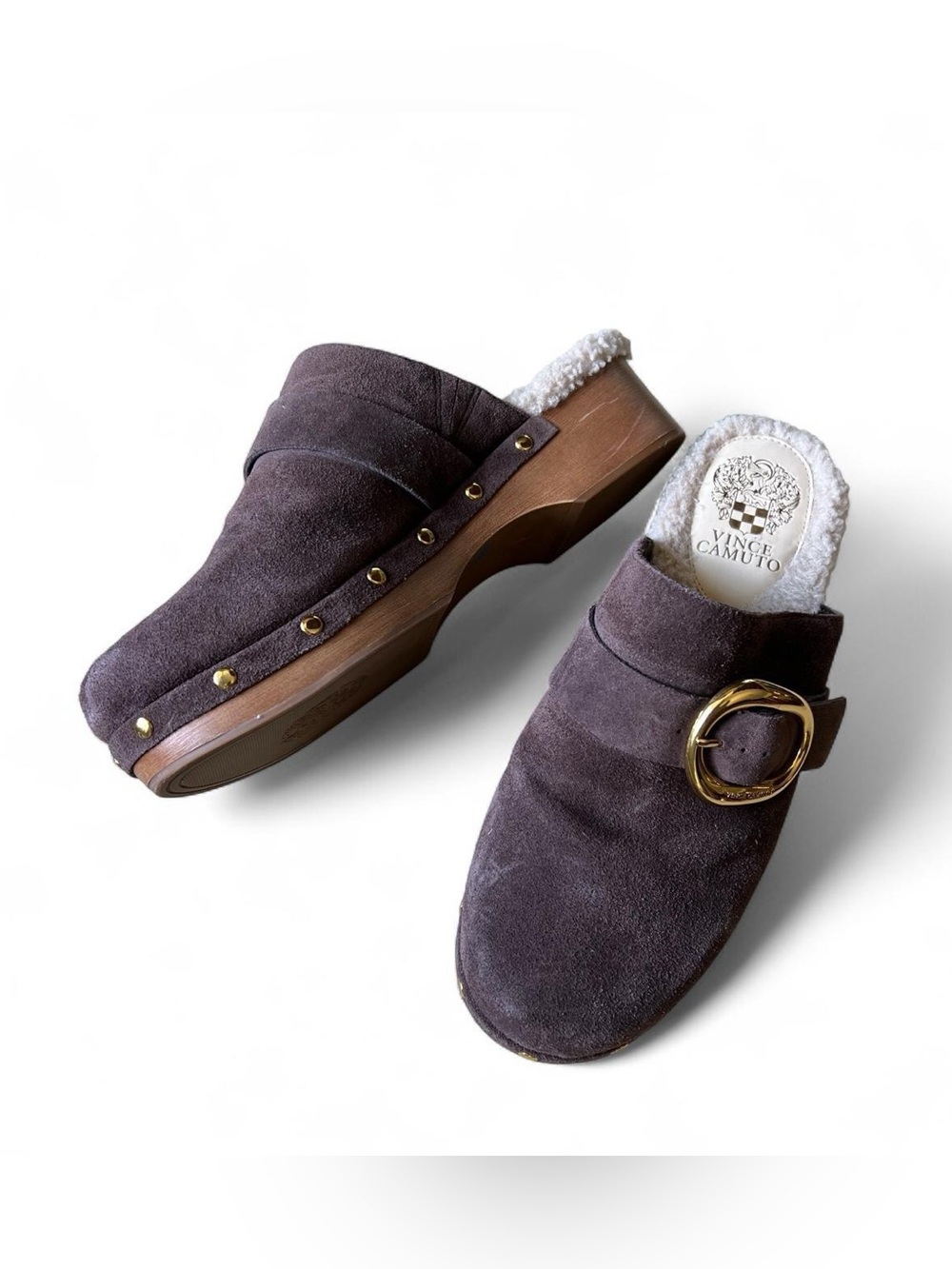 Vince Camuto Brown Suede Shearling-Lined Clog Mules